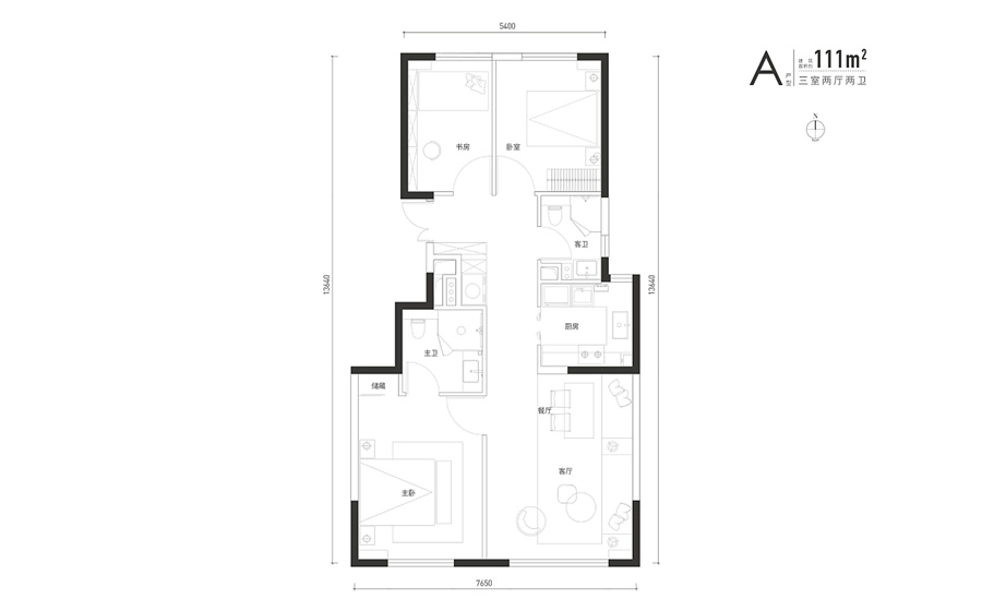 建筑面积111㎡三居